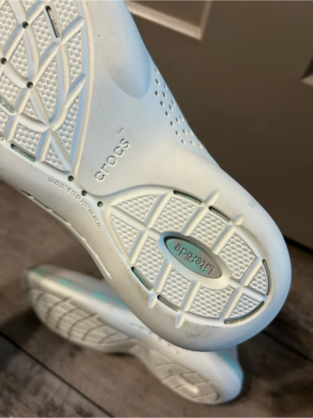 grey and marbled aqua Crocs LiteRide 360 Pacer sneakers